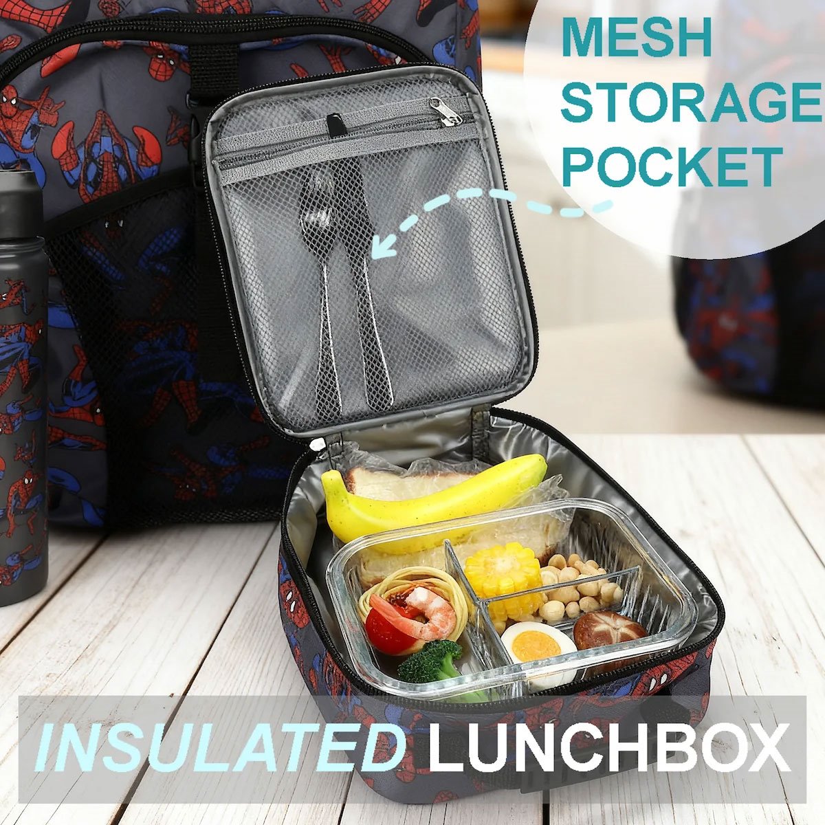 Spider-Man Classic All Over Print Backpack 3-Piece Set — Included lunchbox open with food props demonstrating interior storage
