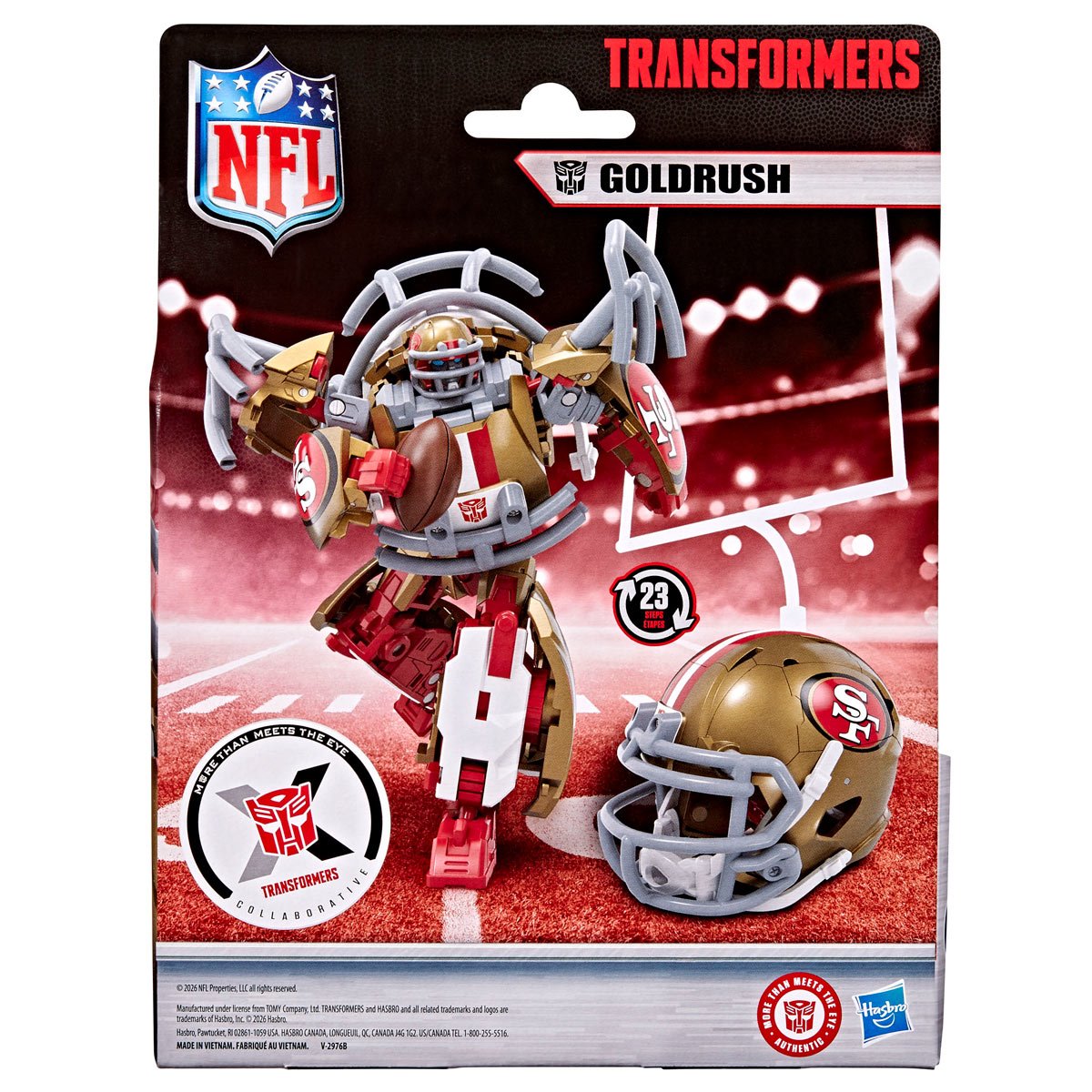 Transformers NFL San Francisco 49ers Goldrush — Back of Goldrush retail packaging showing robot and helmet modes
