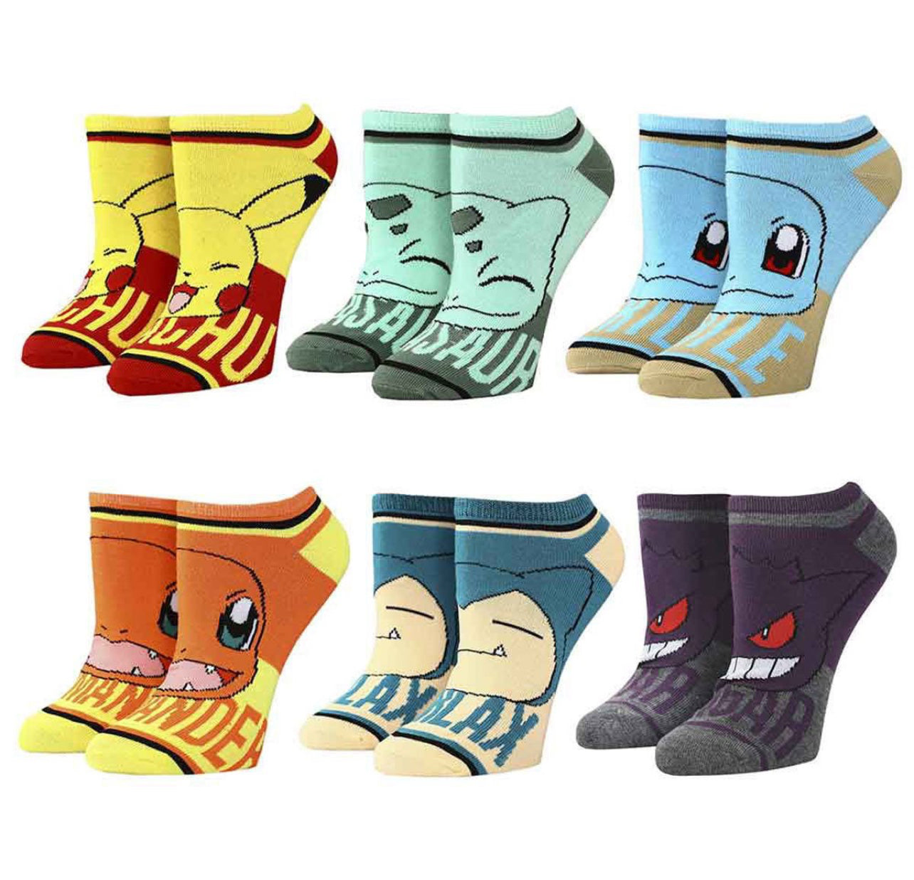 Pokemon Character Names Youth Ankle Socks 6-Pack Size 9-11 Bioworld Pikachu Gengar