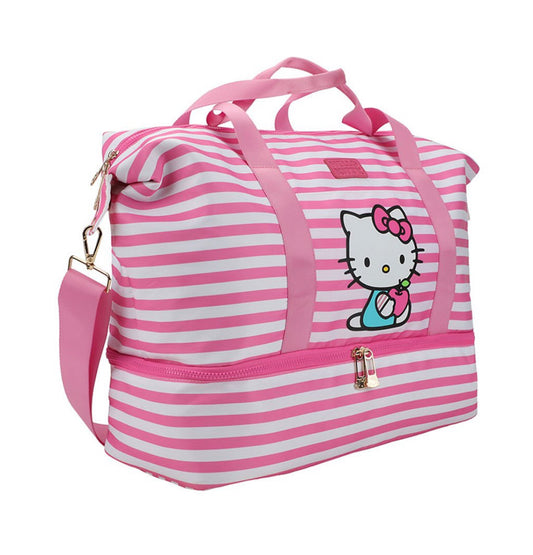 Bioworld Hello Kitty Striped Duffle Travel Bag – Pink & White