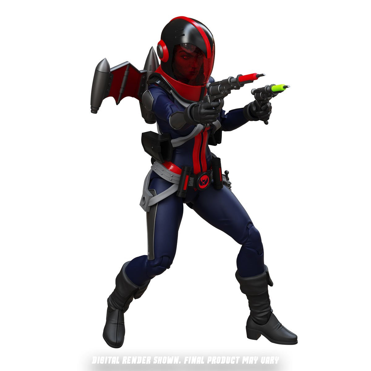 Epic H.A.C.K.S. Mercy Zaleska: Vampiron Secret Service 6-Inch Action Figure — Helmeted Mercy Zaleska aiming both blasters