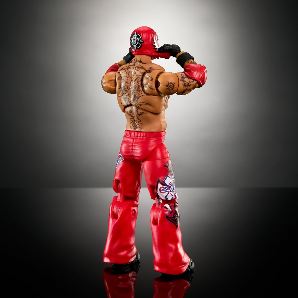 WWE Ultimate Edition Wave 3 Rey Mysterio Action Figure — rear view with shirt removed and arms raised