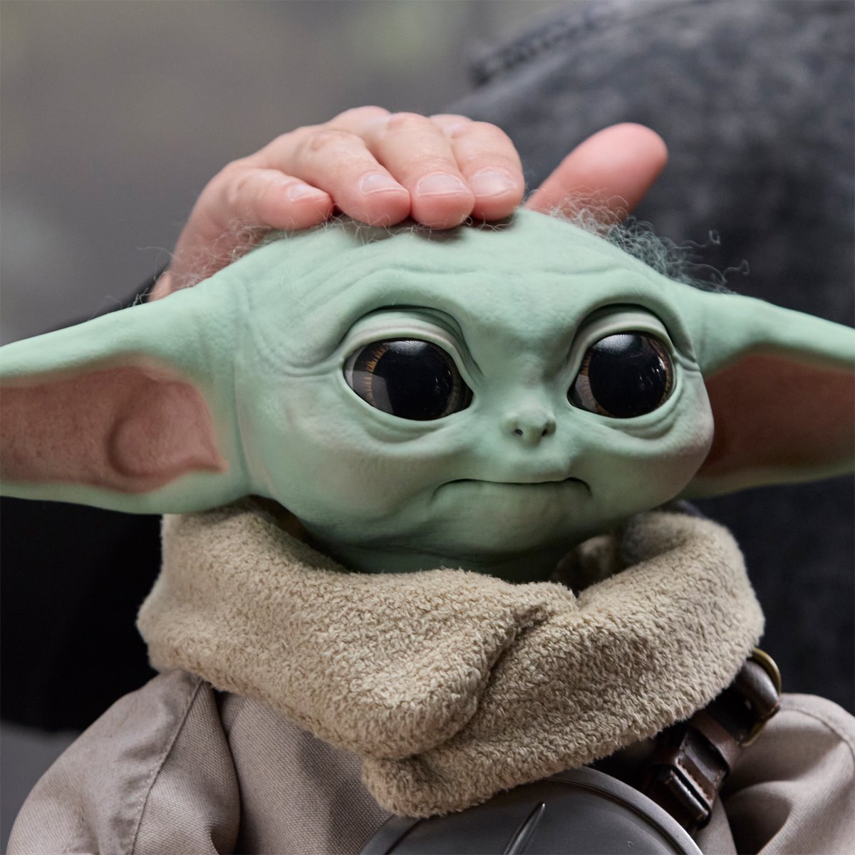 Star Wars Ultimate Grogu 1:1 Scale Premium Animatronic Replica — head-touch close-up with eyes open