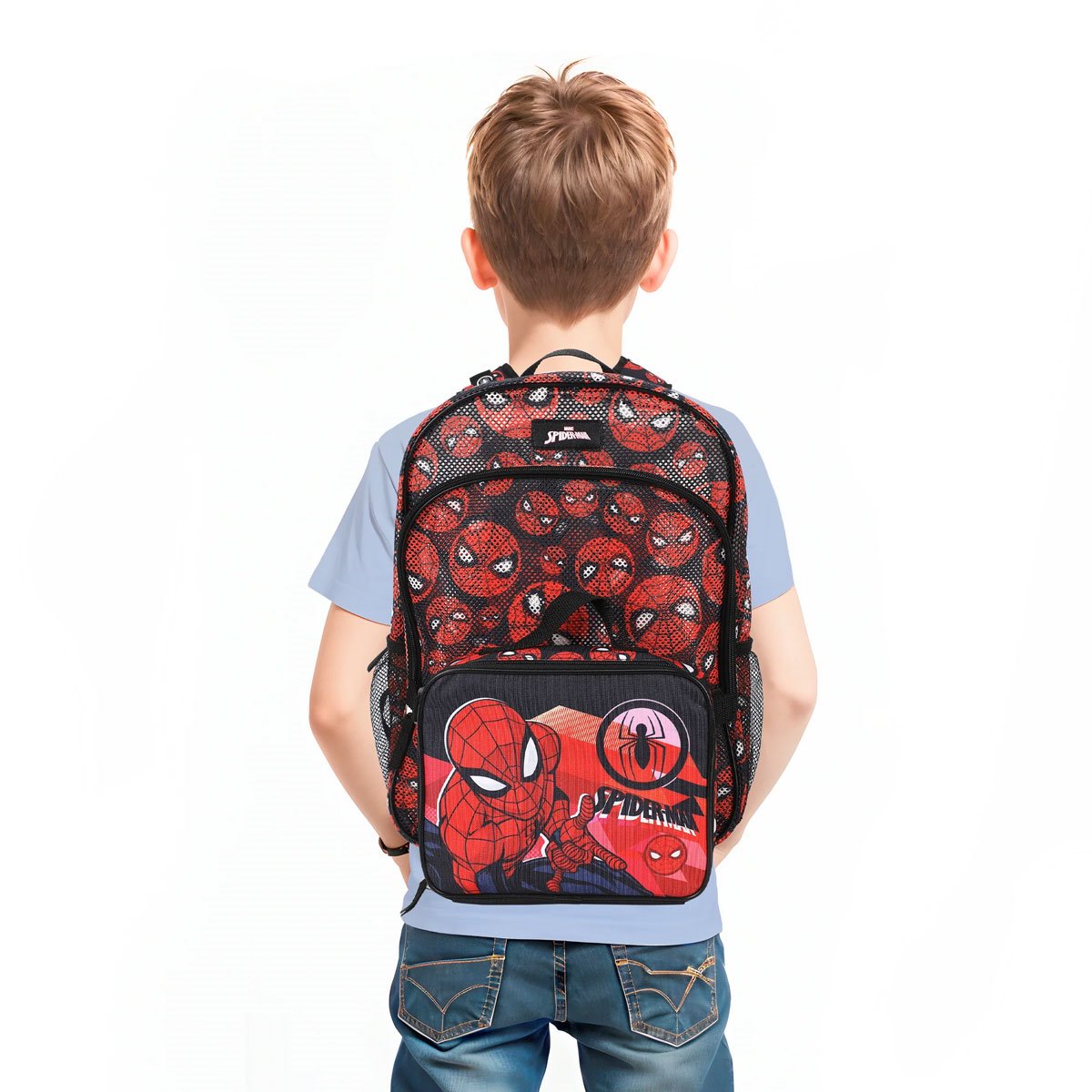 Spider-Man Classic Printed Mesh Youth Backpack and Lunch Tote Set — rear lifestyle view of backpack and attached lunch tote worn by model