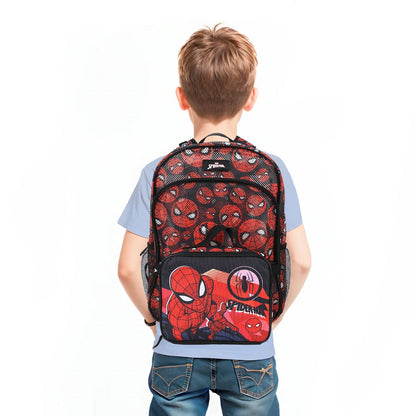 Spider-Man Classic Printed Mesh Youth Backpack and Lunch Tote Set — rear lifestyle view of backpack and attached lunch tote worn by model