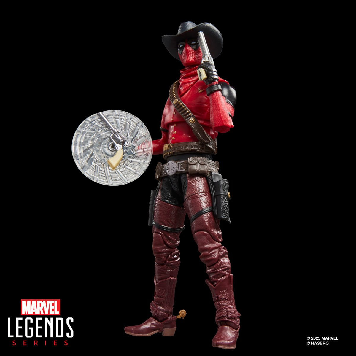 Deadpool & Wolverine Marvel Legends Cowboypool 6-Inch Action Figure — standing pose with raised pistol and spinning-pistol effect accessory