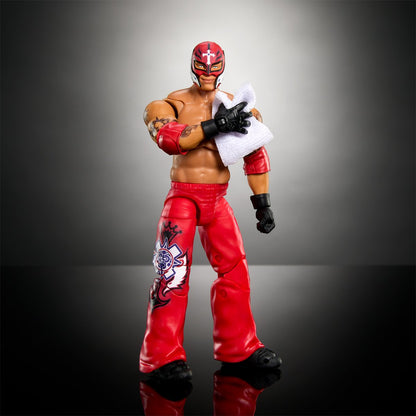 WWE Ultimate Edition Wave 3 Rey Mysterio Action Figure — standing pose holding included towel accessory