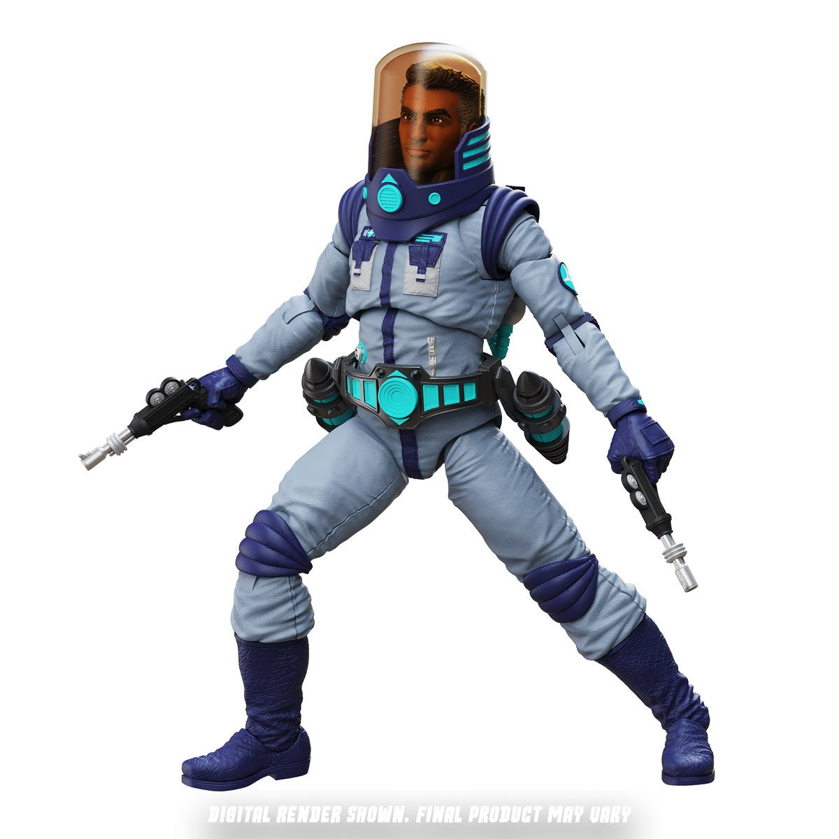 Epic H.A.C.K.S. Rand Arora: Gamma Squad Leader 6-Inch Action Figure — Rand Arora wearing the helmet in a wide stance with two ray guns