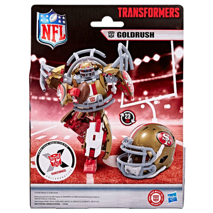 Transformers NFL San Francisco 49ers Goldrush — Back of Goldrush retail packaging showing robot and helmet modes