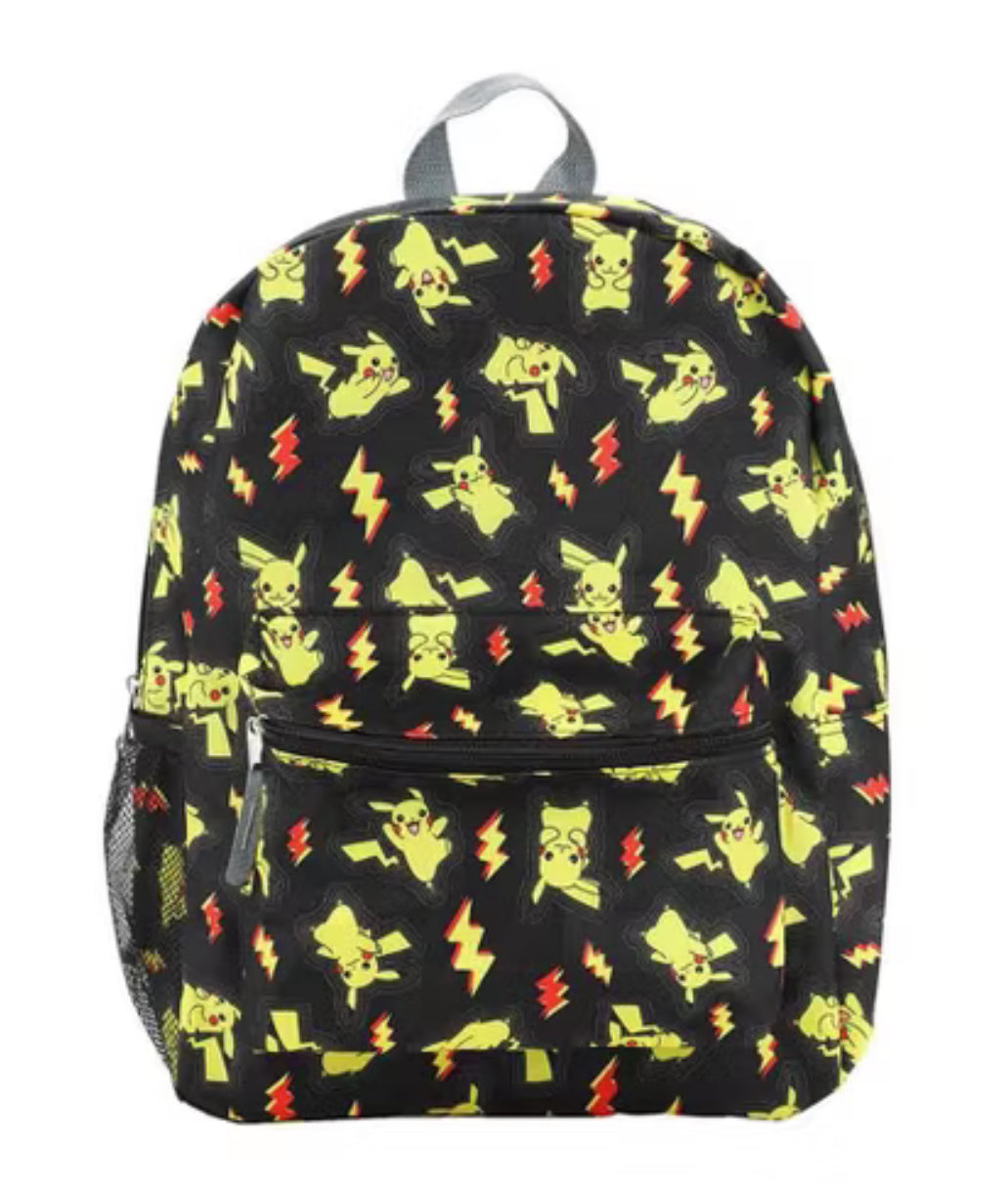 Pokemon All Over Print Pikachu Electric Type Backpack 2 Pockets Mesh Side Pocket