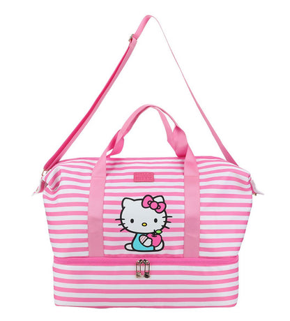 Bioworld Hello Kitty Striped Duffle Travel Bag – Pink & White