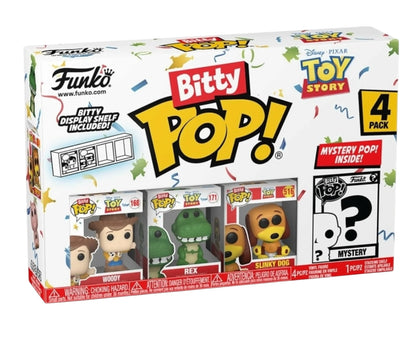 Funko Bitty Pop! Toy Story Vinyl Figures 4 Pack Woody Rex Slinky Dog Mystery Mini