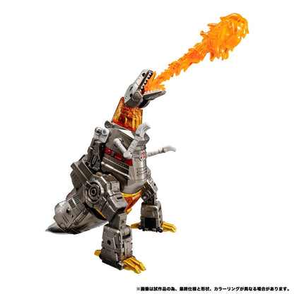 Transformers Dramatic Capture Series Dinobot Island Part 1 Ratchet and Grimlock Set — Grimlock dinosaur-mode pose with included flame effect