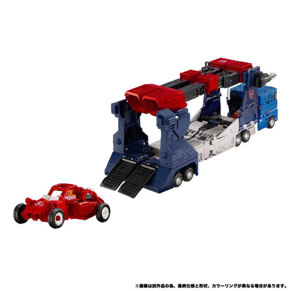 Transformers NL-08 Delta Magnus Primal Vanguard Set — rear trailer ramp lowered beside included Powerdrive buggy