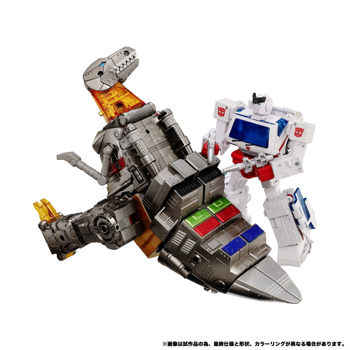 Transformers Dramatic Capture Series Dinobot Island Part 1 Ratchet and Grimlock Set — Ratchet beside Grimlock dinosaur-mode underside detail
