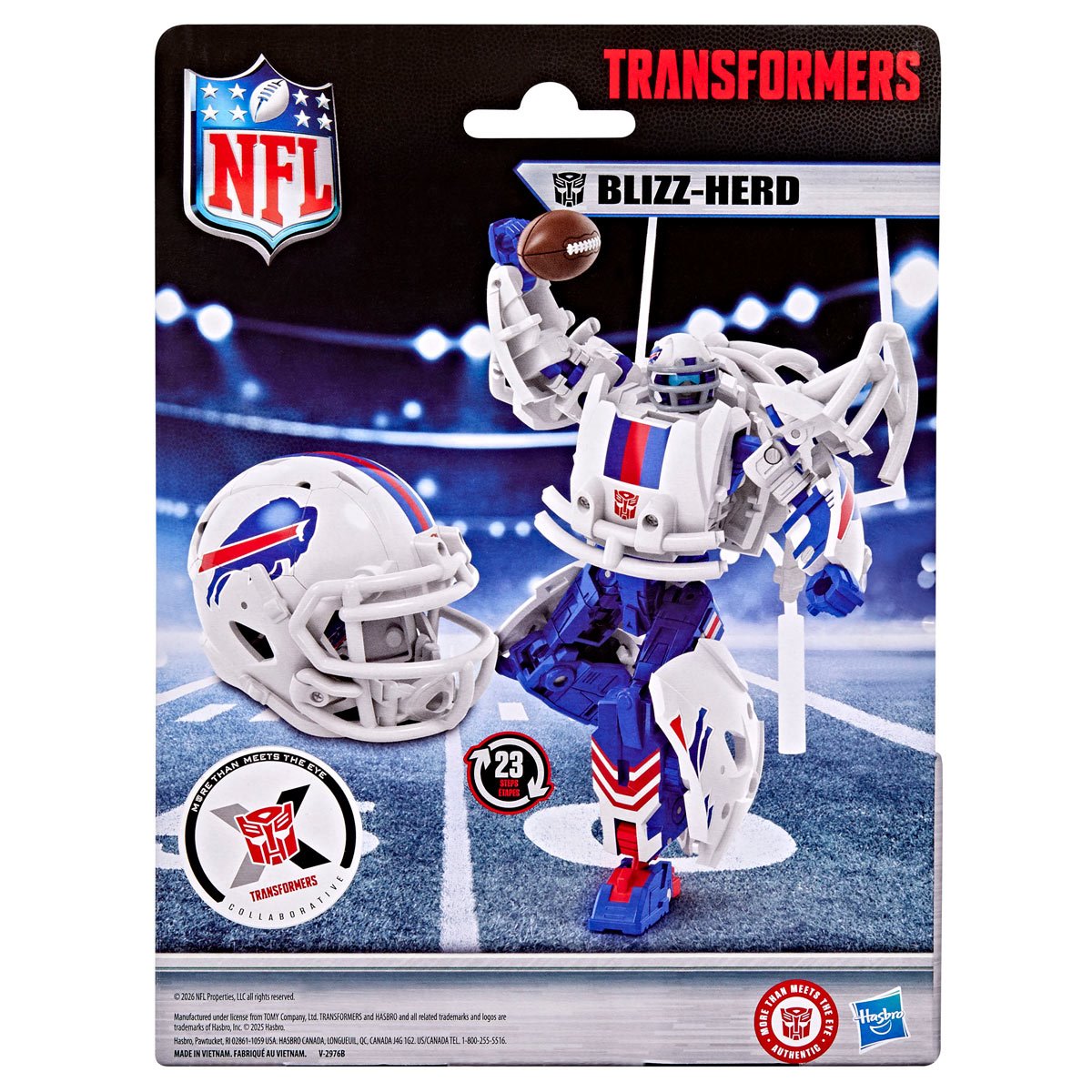 Transformers NFL Buffalo Bills Blizz-herd — Back of Blizz-herd retail packaging showing robot and helmet modes