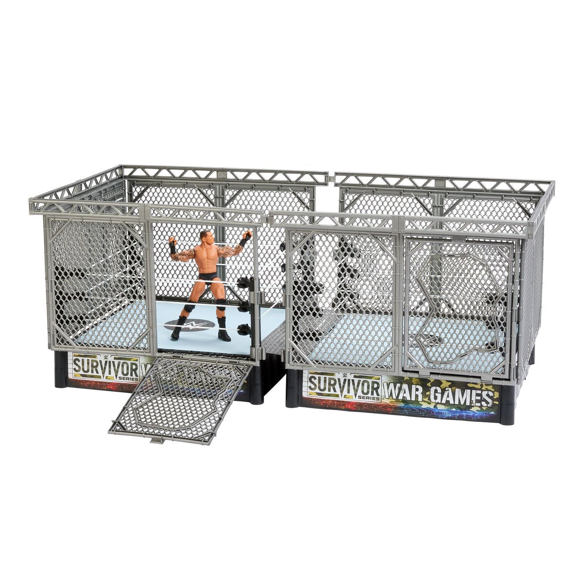 WWE War Games Playset — Assembled two-ring cage playset with Randy Orton figure and open cage panel