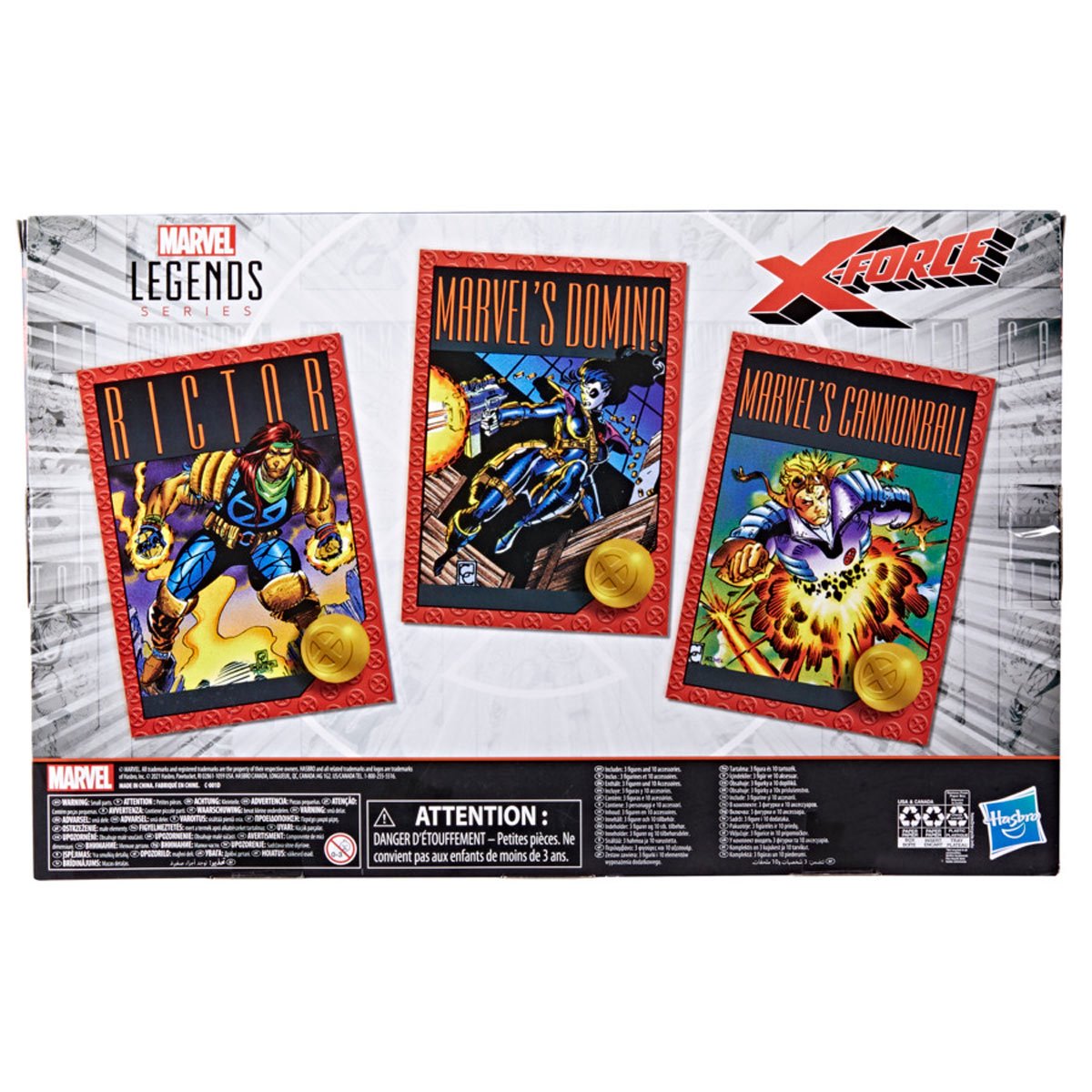 X-Force Marvel Legends Rictor, Domino, and Cannonball 6-Inch Action Figures 3-Pack — rear packaging with character artwork