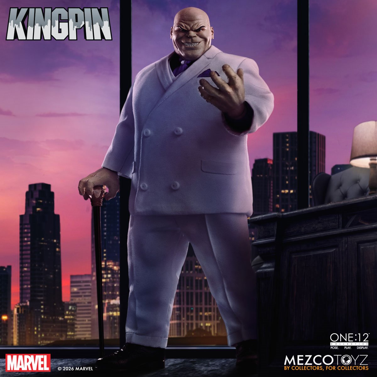 Kingpin One:12 Collective Action Figure — grinning portrait with cane and raised hand