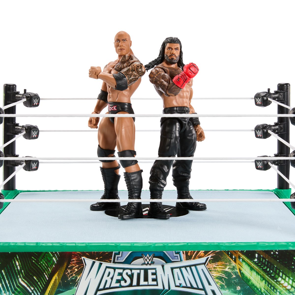 WWE Bloodline Rules Playset — Included The Rock and Roman Reigns figures posed back-to-back in the WrestleMania ring
